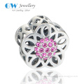 China Wholesale Flower Design Hollow Beads Jewelry With Pink Gemstone For Bracelet 925 Silver